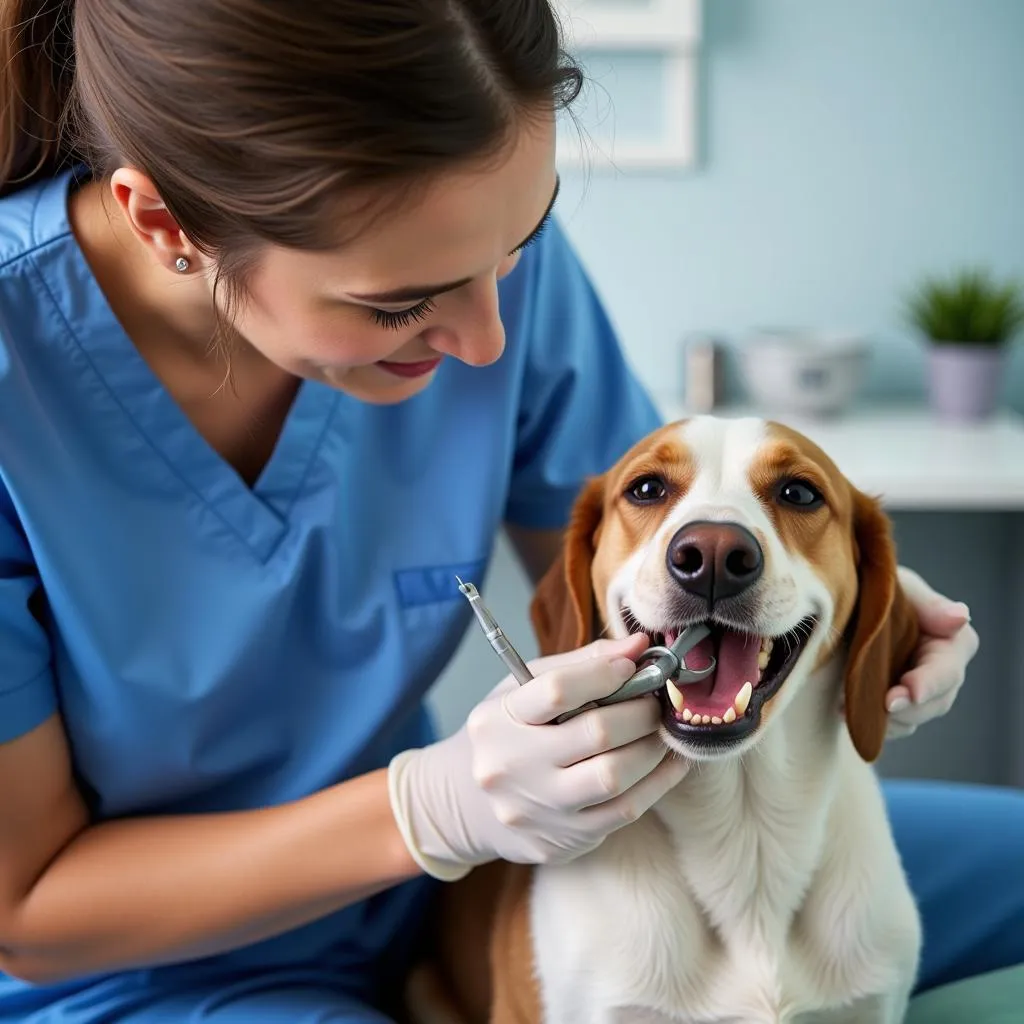 Veterinary technician providing dental care to a dog in our El Monte animal hospital.