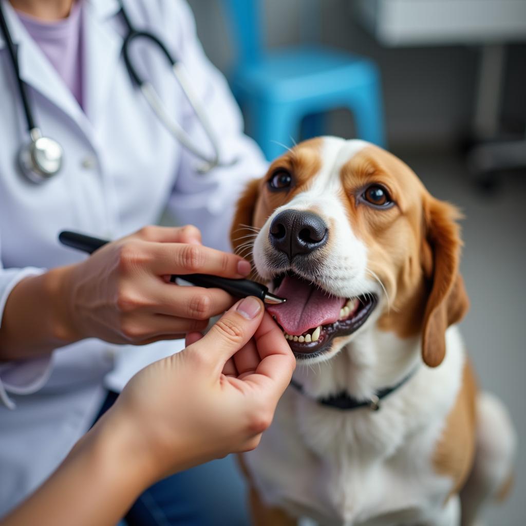 Veterinarian performing a dental check up on a dog