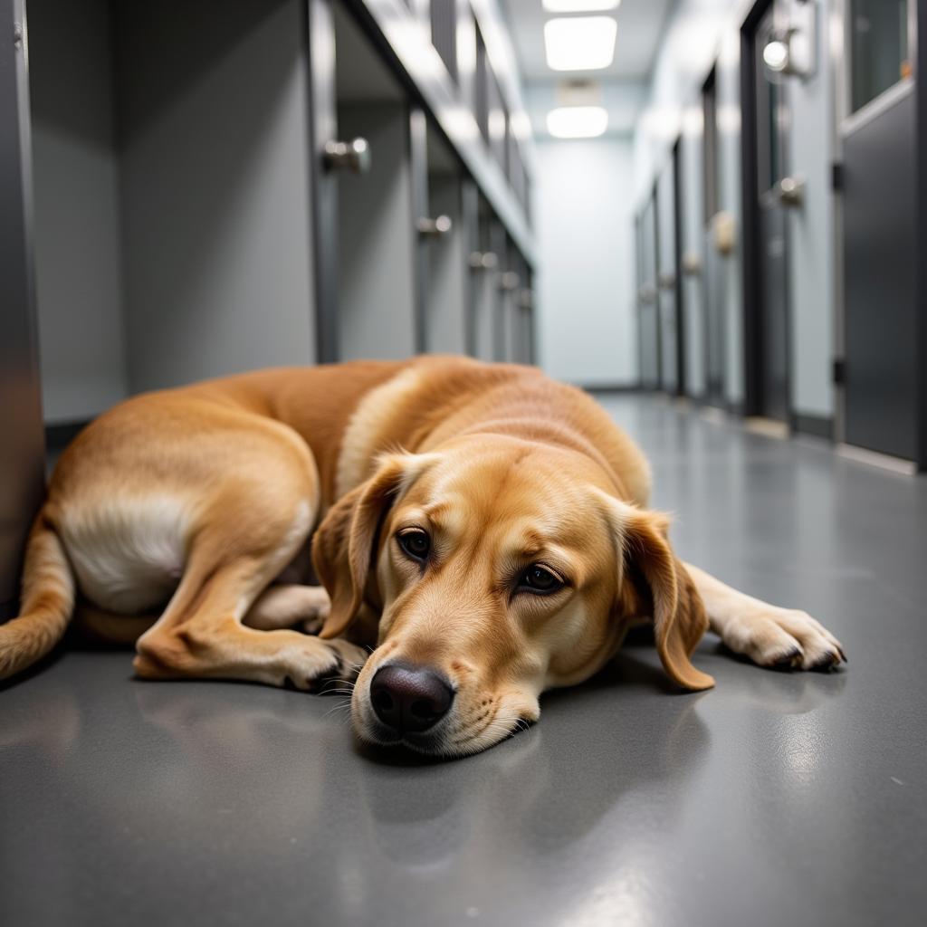 Dog resting comfortably in a clean and cozy kennel