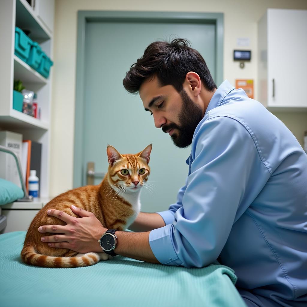 Dr. Aryal performing a check-up on a cat inside the Al-Lynn Animal Hospital examination room