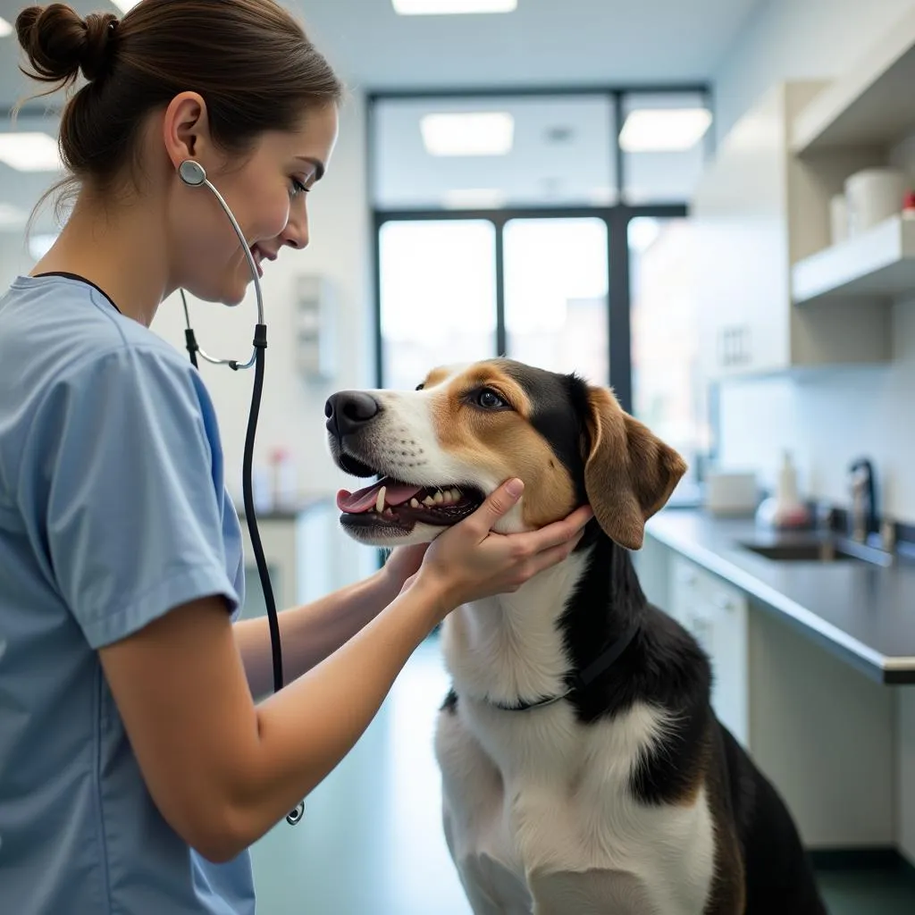 Veterinarian examining a dog in a well-equipped exam room