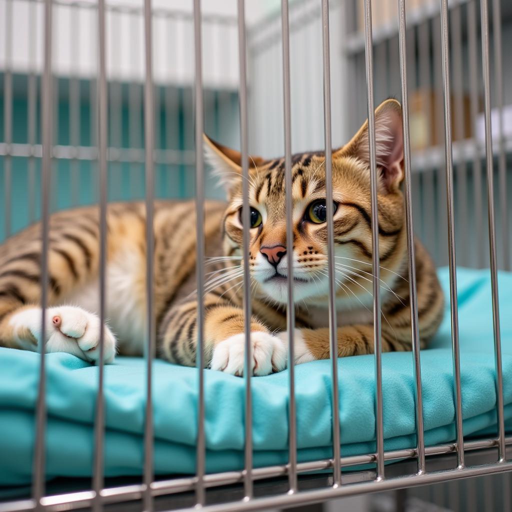 Cat recovering comfortably in a cage at Eastwood Animal Hospital