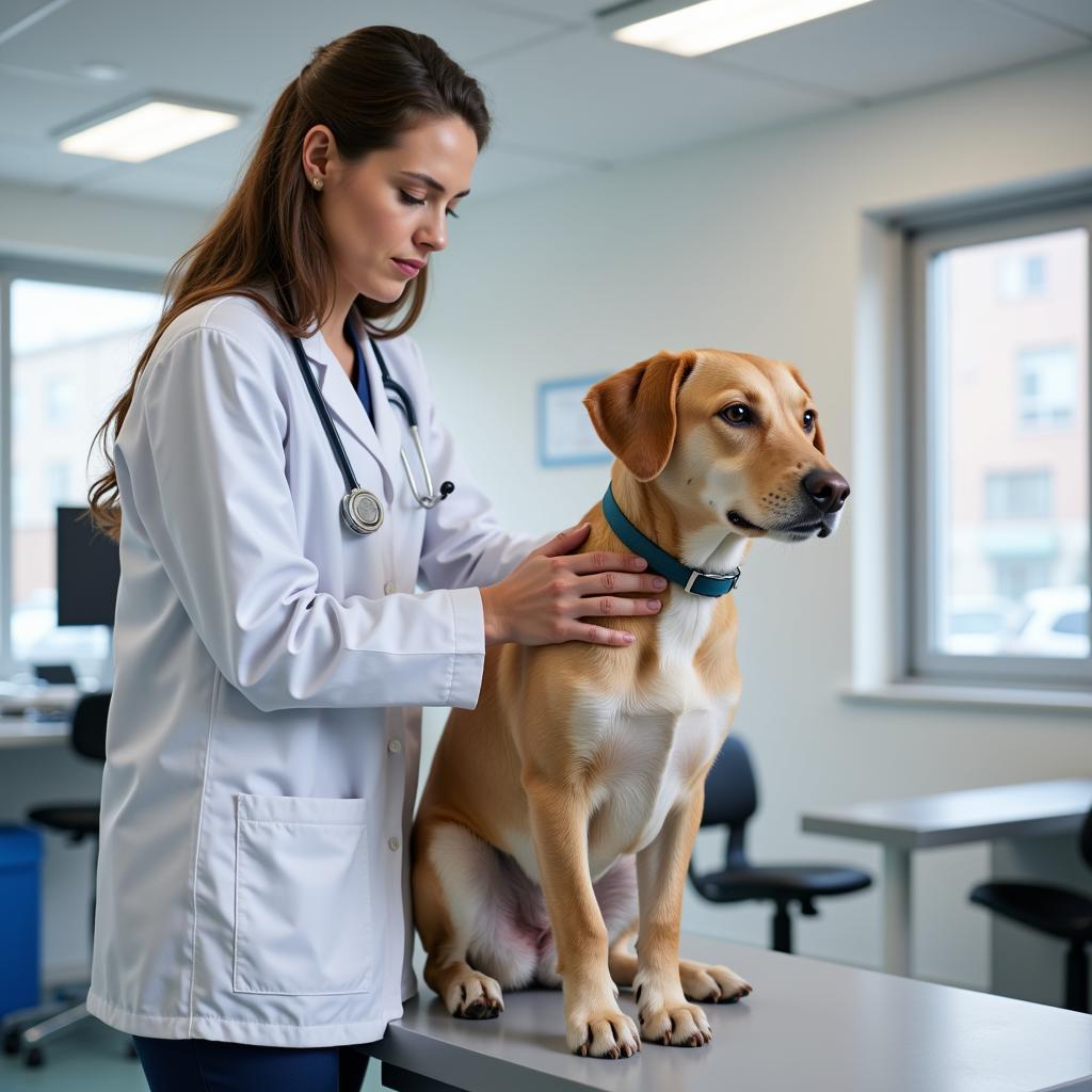 Veterinarian examining a dog in an exam room at Eastwood Animal Hospital 