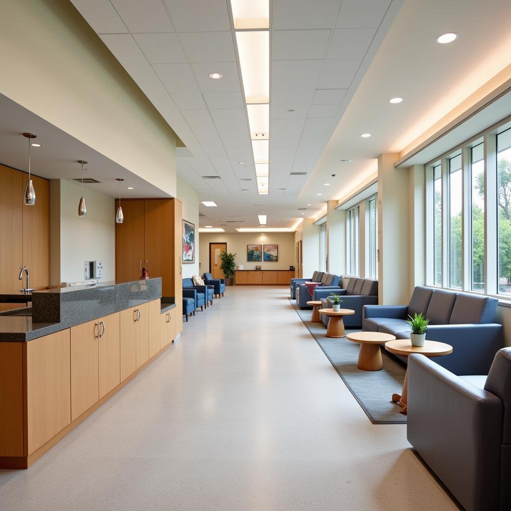 A family sits comfortably in a brightly lit waiting area at El Camino Hospital.