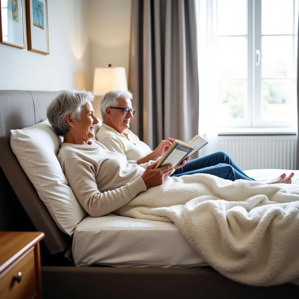 Elderly couple using adjustable bed for reading