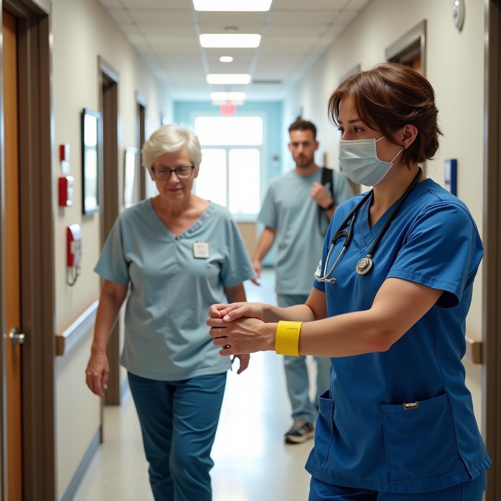 Elderly Patient with Yellow Wristband Walking with Assistance