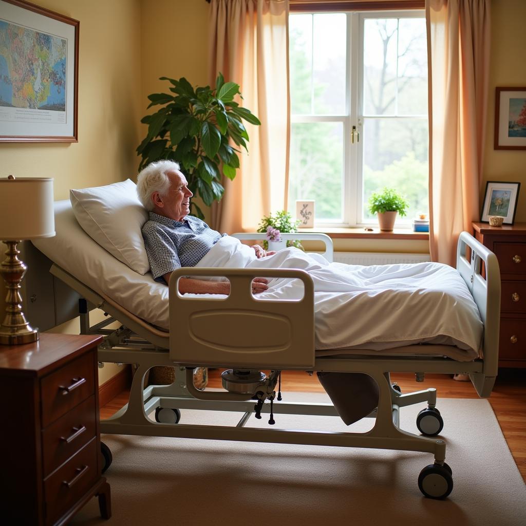 Elderly patient comfortably resting in an electric hospital bed at home.