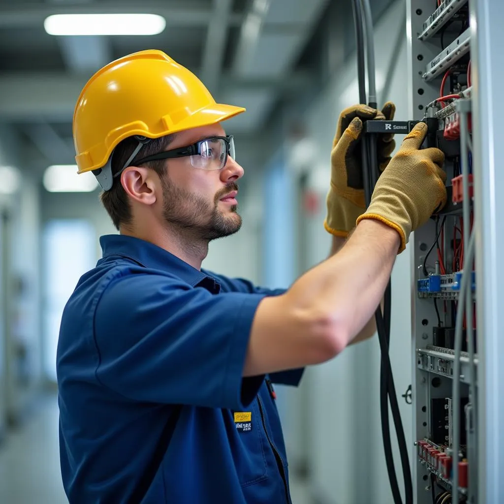 Electrician Installing Hospital Wires with Safety Measures