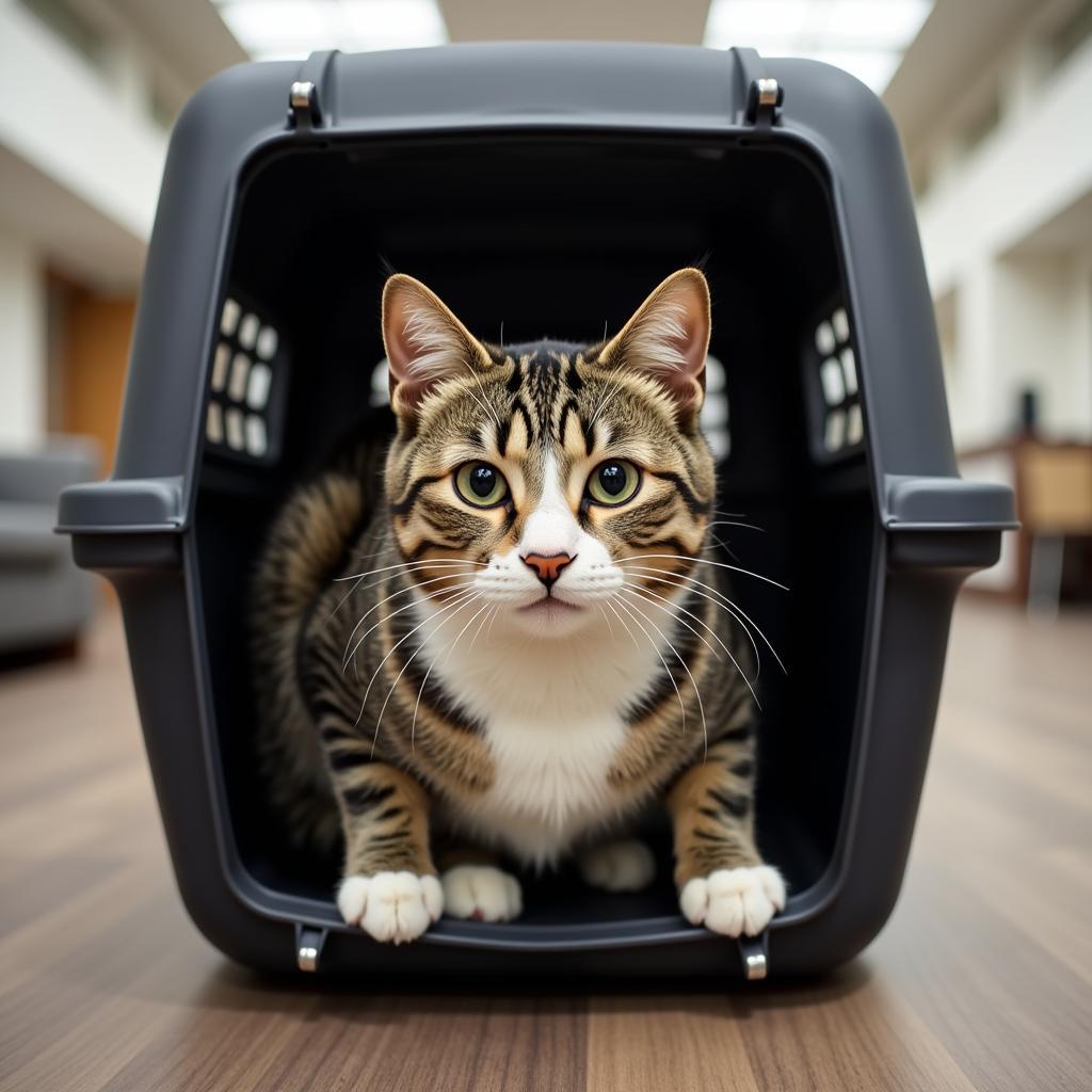 Cat in a carrier at Elm Creek Animal Hospital 