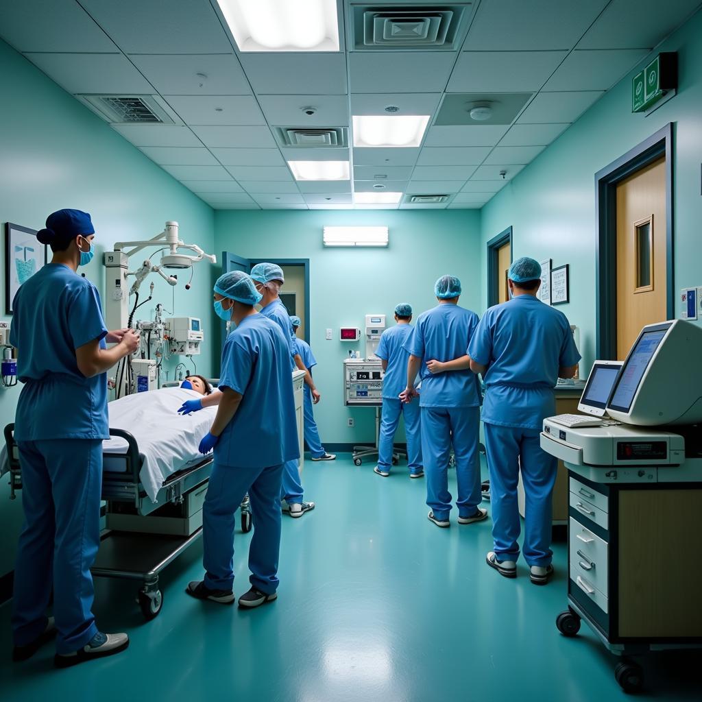 Hospital emergency room with medical team attending to a patient