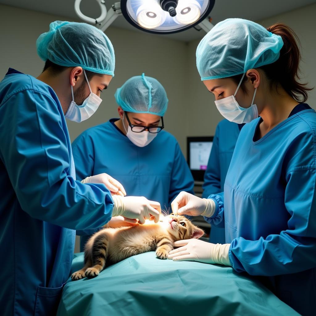 Veterinary Team Performing Emergency Surgery on a Cat