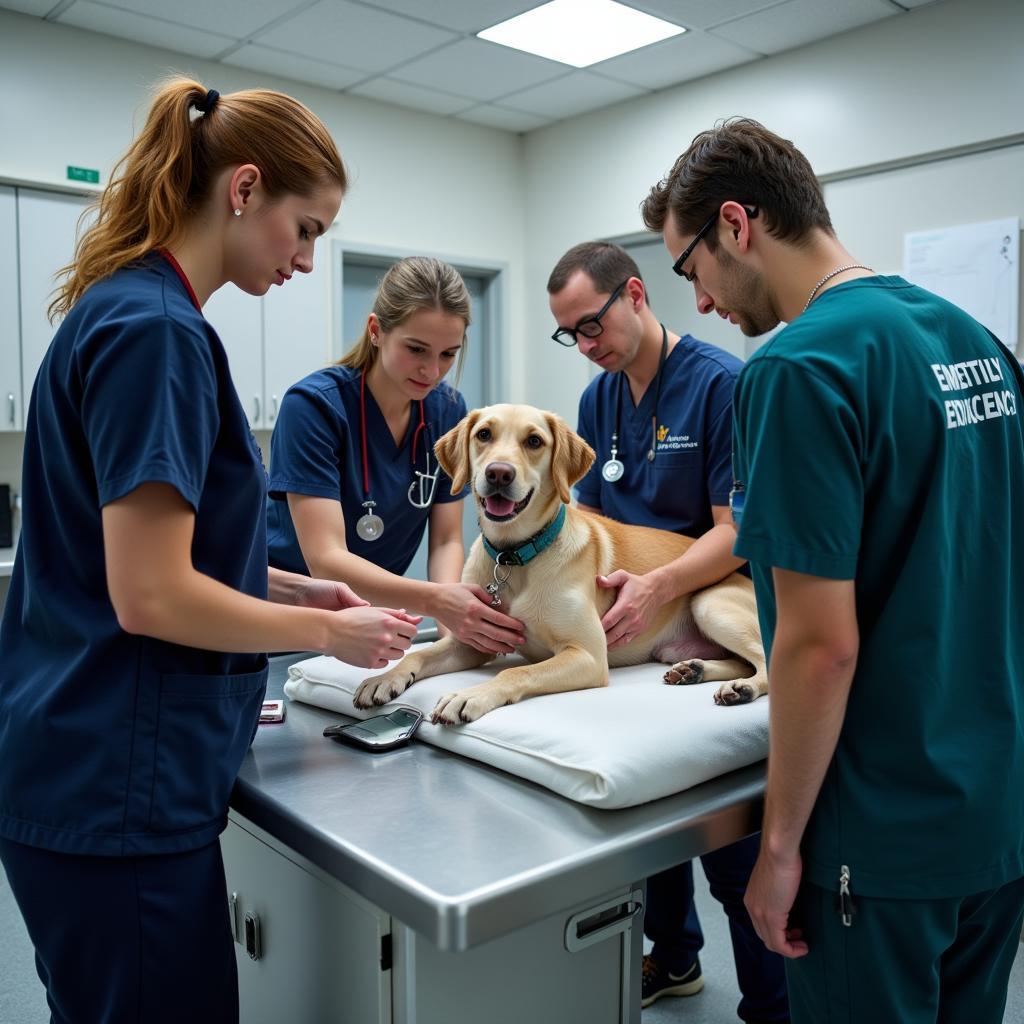 Emergency veterinary team providing immediate care in a hospital blanco