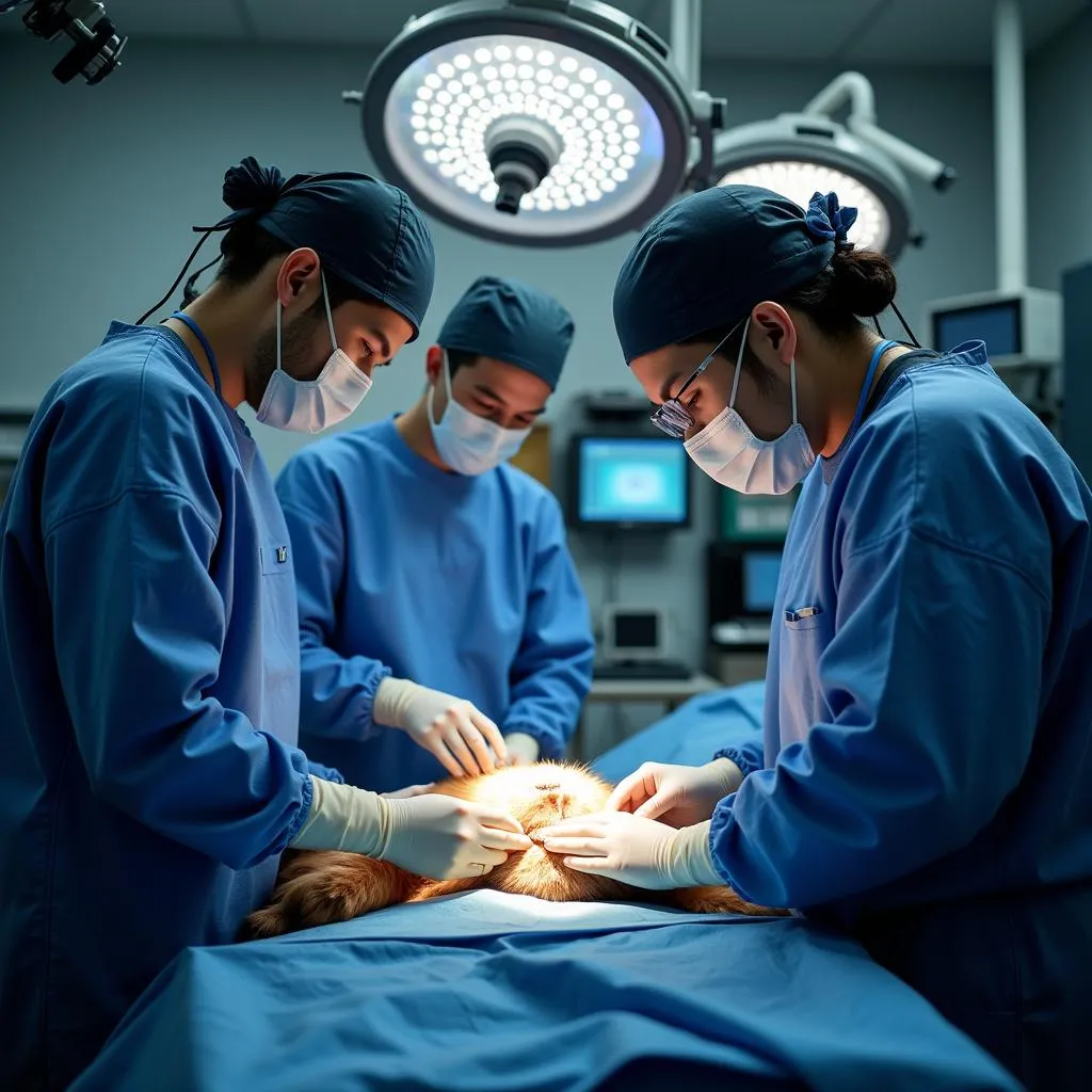 A skilled veterinary team performing emergency surgery on a pet