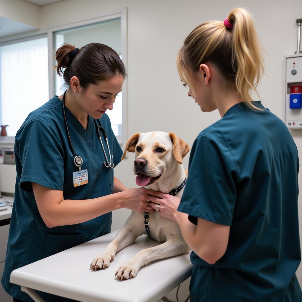 Veterinarian providing emergency care to a dog