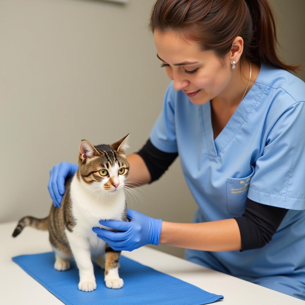 Veterinarian interacting with a cat during a check-up