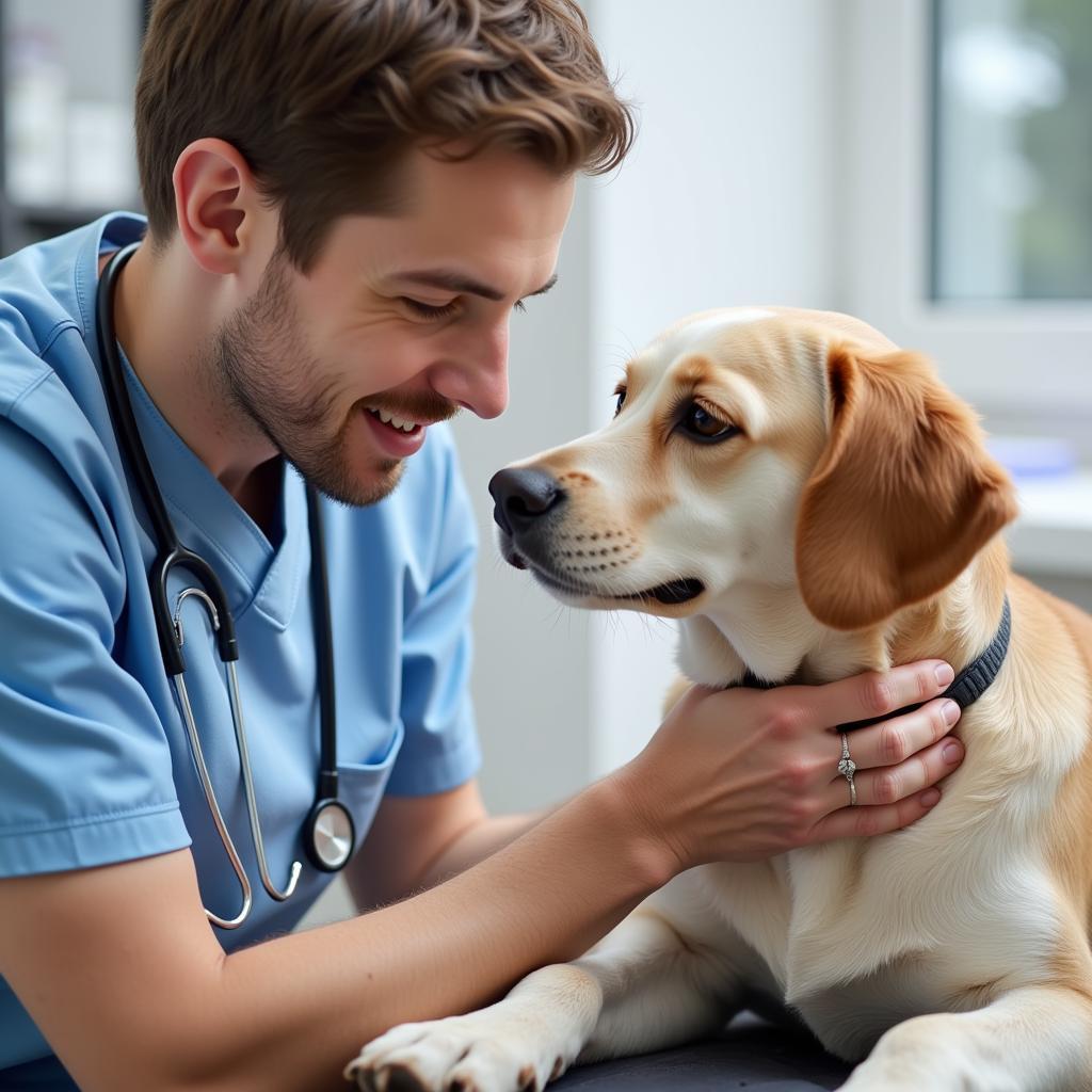 Veterinarian examining a dog with care