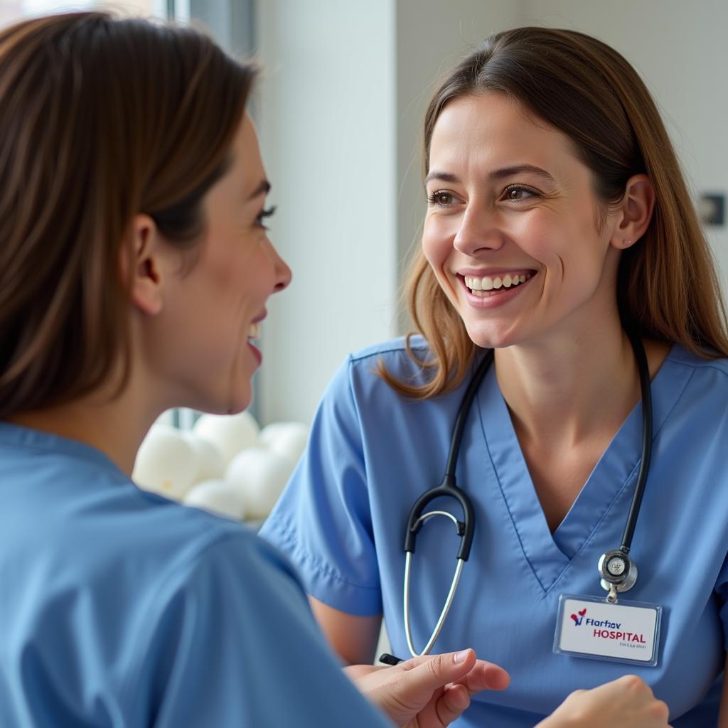 A compassionate Fairfax Hospital nurse explains visiting procedures to a family member.