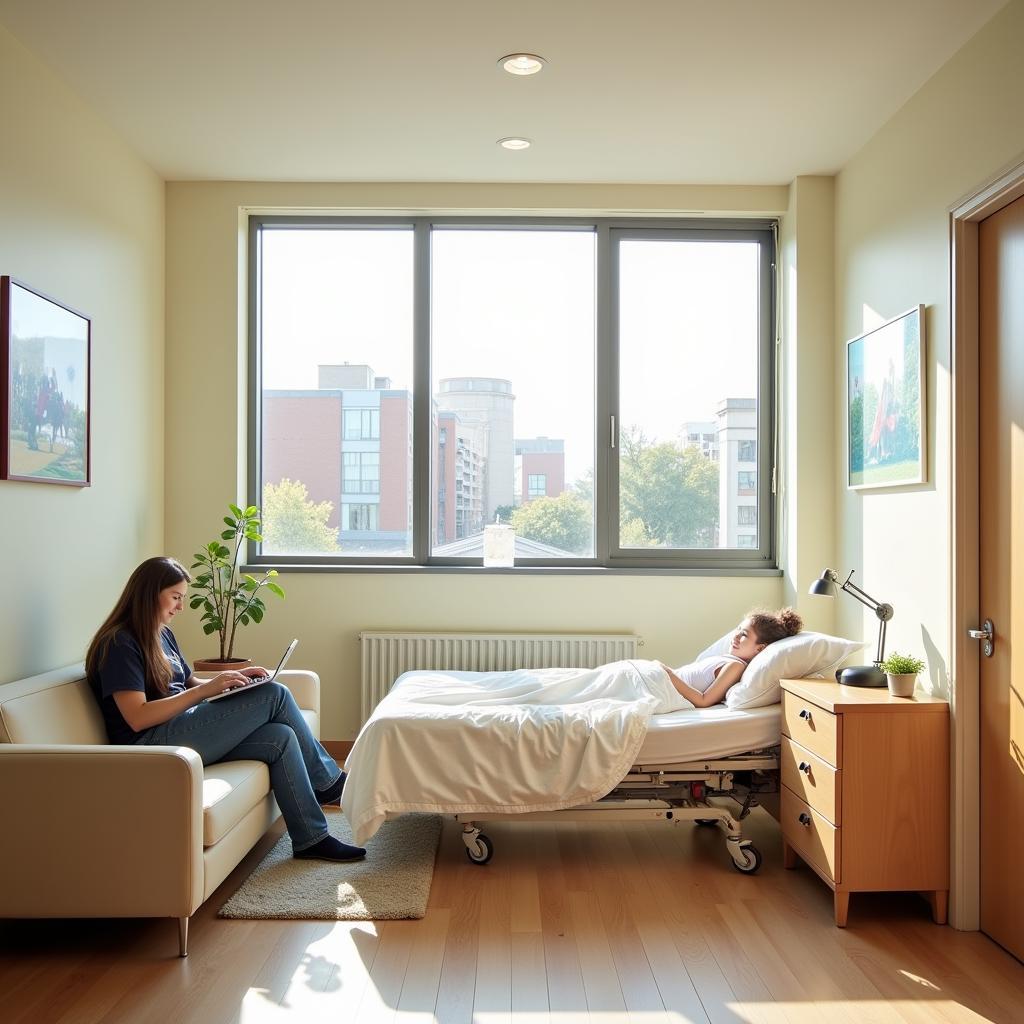 A comfortable and spacious paediatric hospital room designed for family stays.