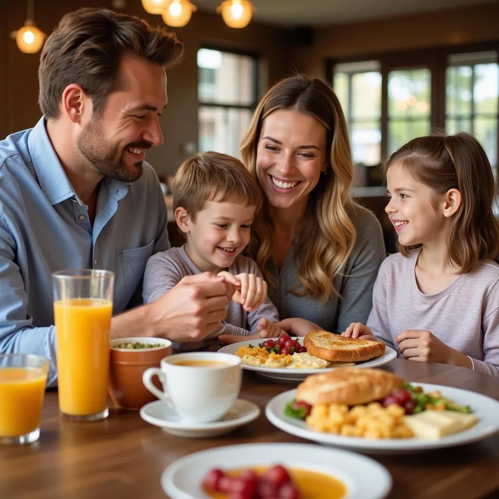 Family Having Breakfast at Hotel Buffet