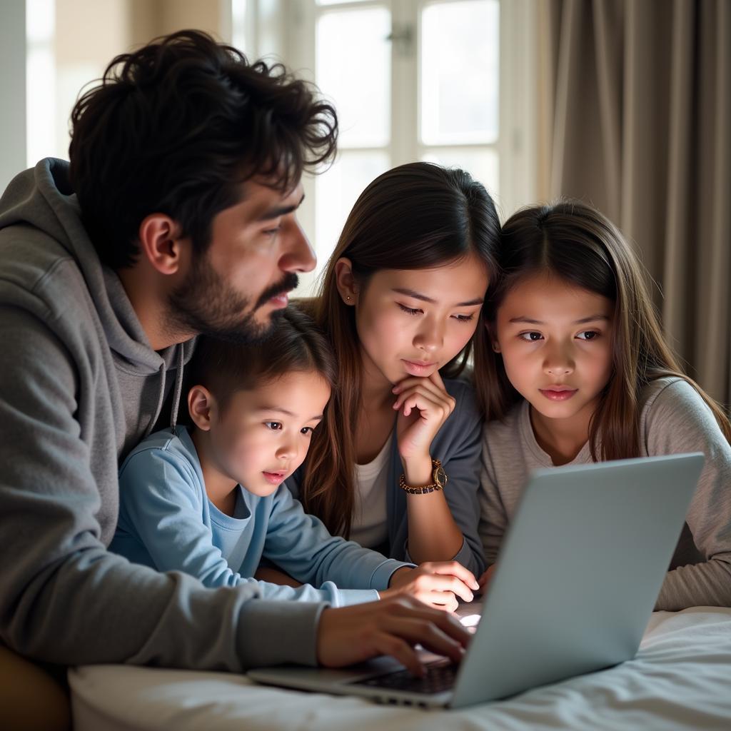 A family gathers around a laptop, researching hospitals together