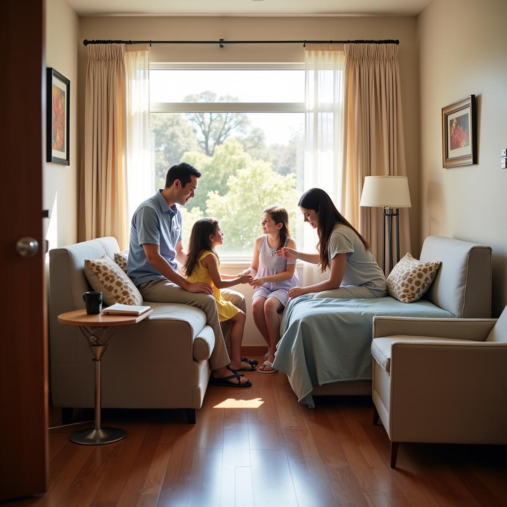 A family enjoys quality time with their loved one in a private hospital room at El Camino Hospital.