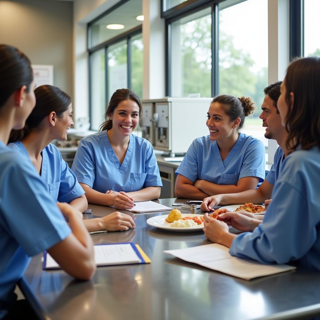 Food service worker team meeting in a hospital kitchen