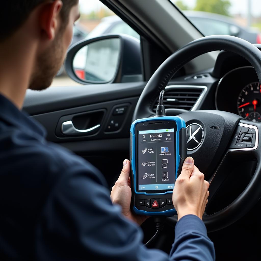 Technician performing engine diagnostics on a foreign car