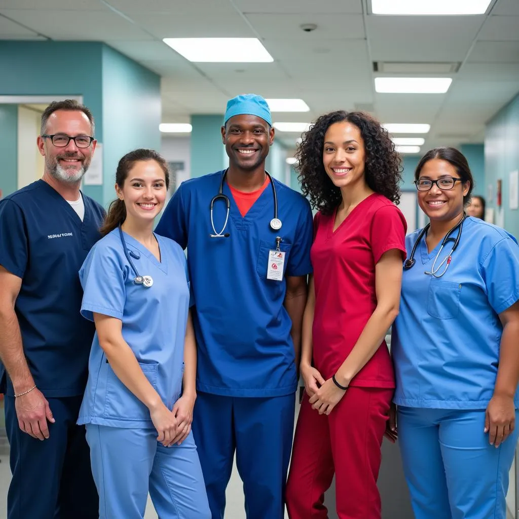 Diverse medical team collaborating in a hospital setting