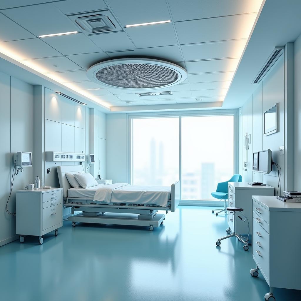 A peek into a futuristic hospital room with seamlessly integrated air purification technology.