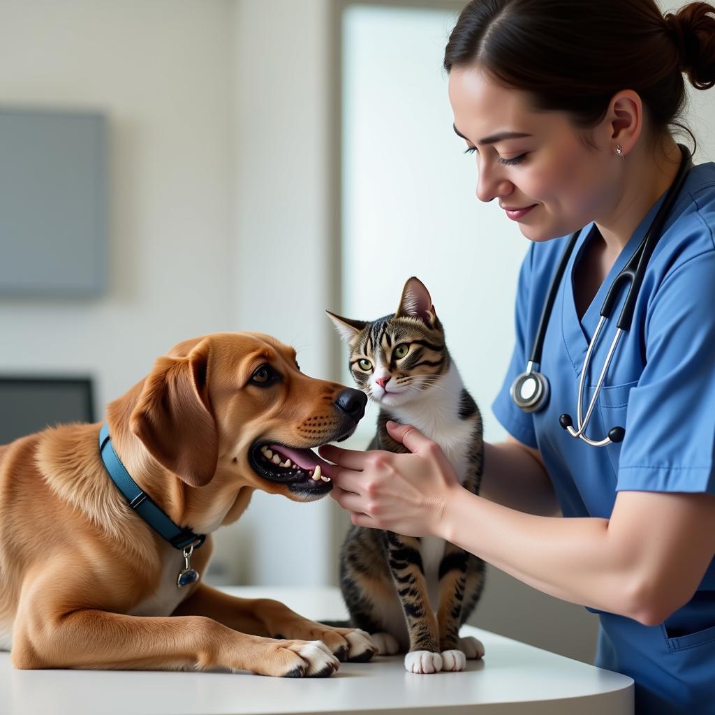 Veterinarian examining a dog and a cat