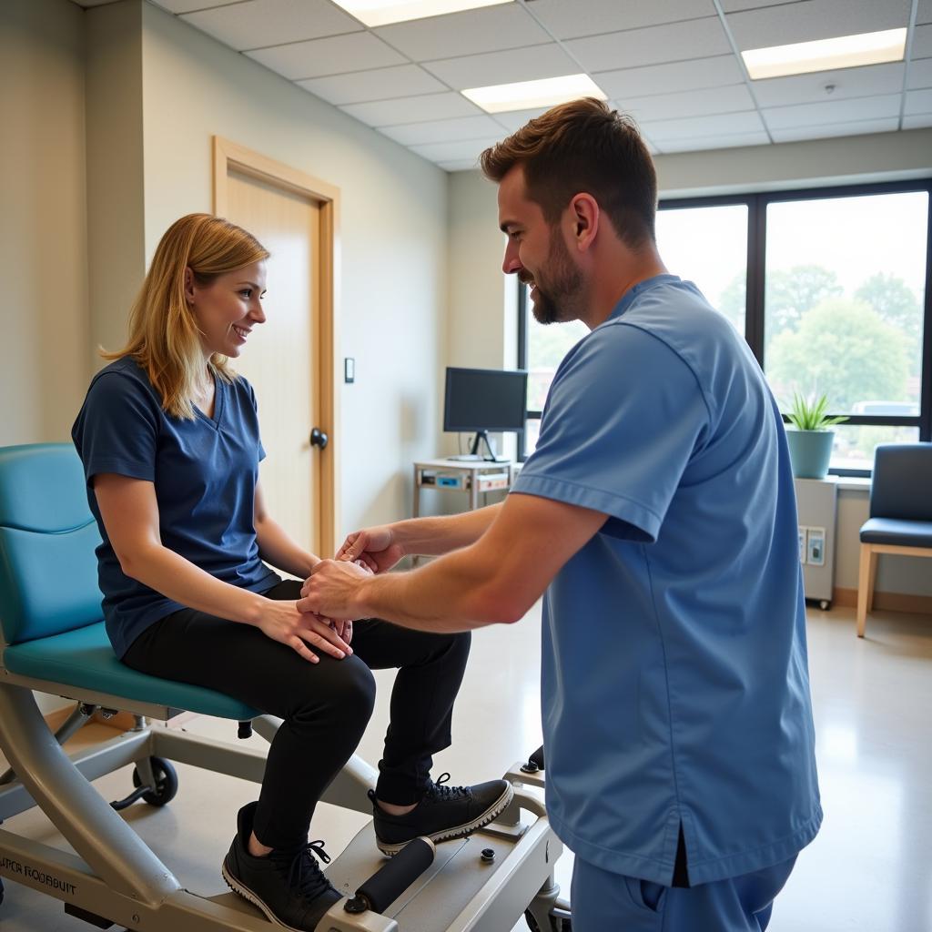 Physical therapist assisting a patient in the rehabilitation center