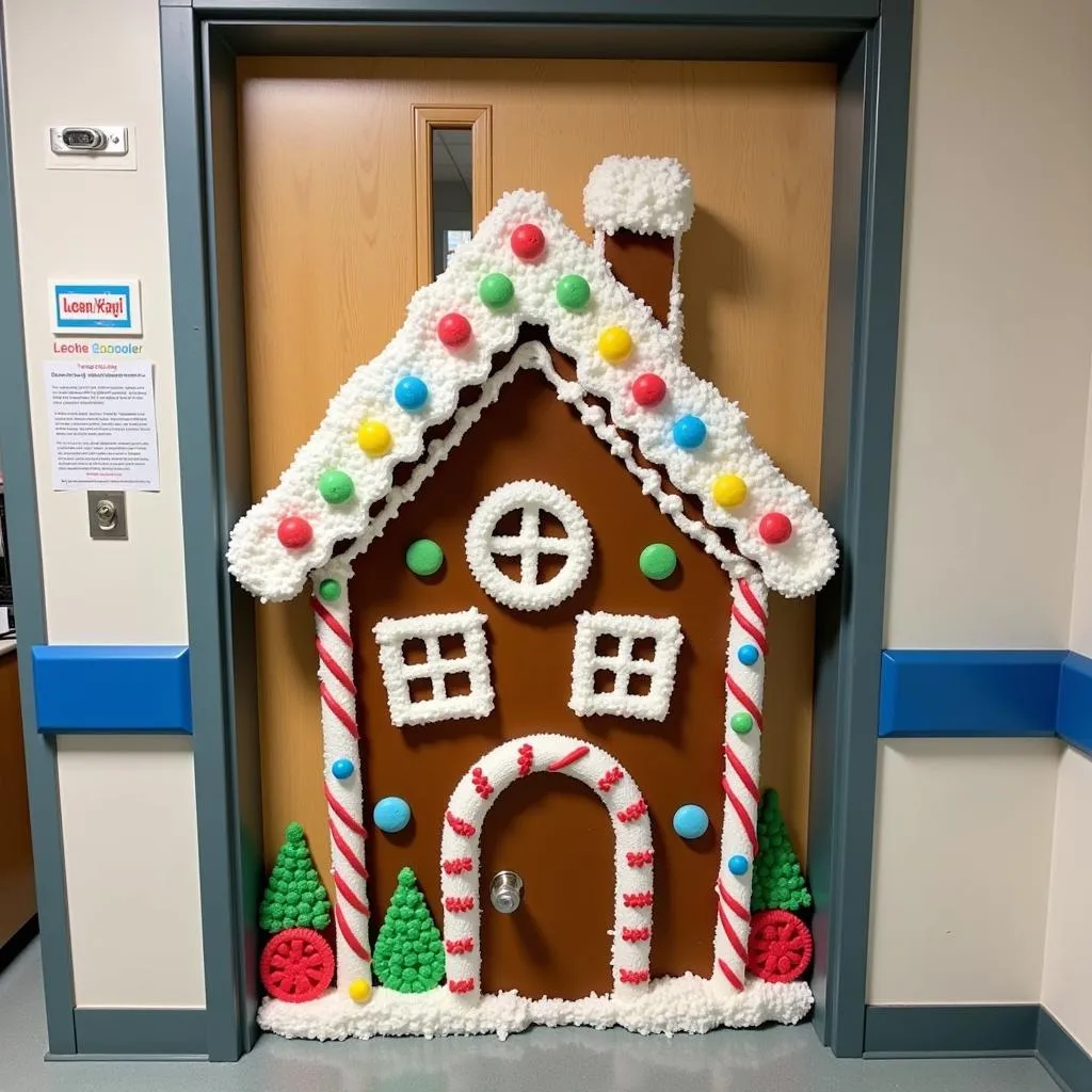 A gingerbread house themed hospital door