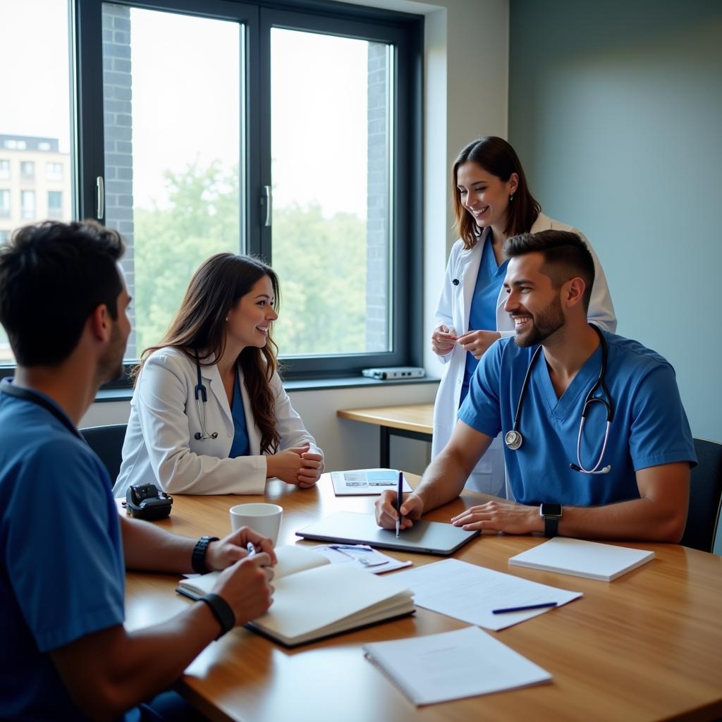 Diverse team of healthcare professionals collaborating in a meeting room