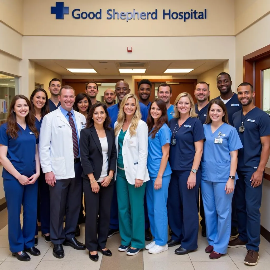 Diverse staff members from various departments at Good Shepherd Hospital standing together