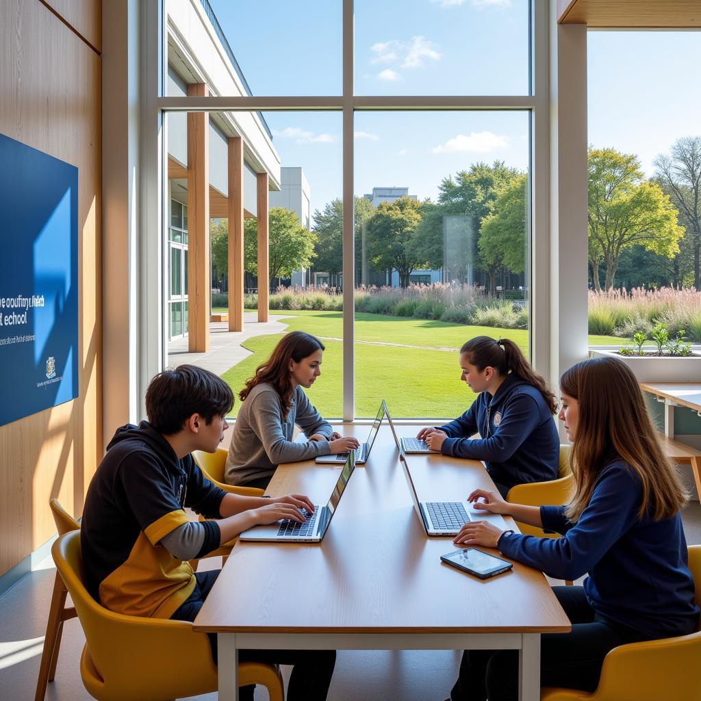 Modern campus of Grey Coat Hospital with students engaging in learning activities.