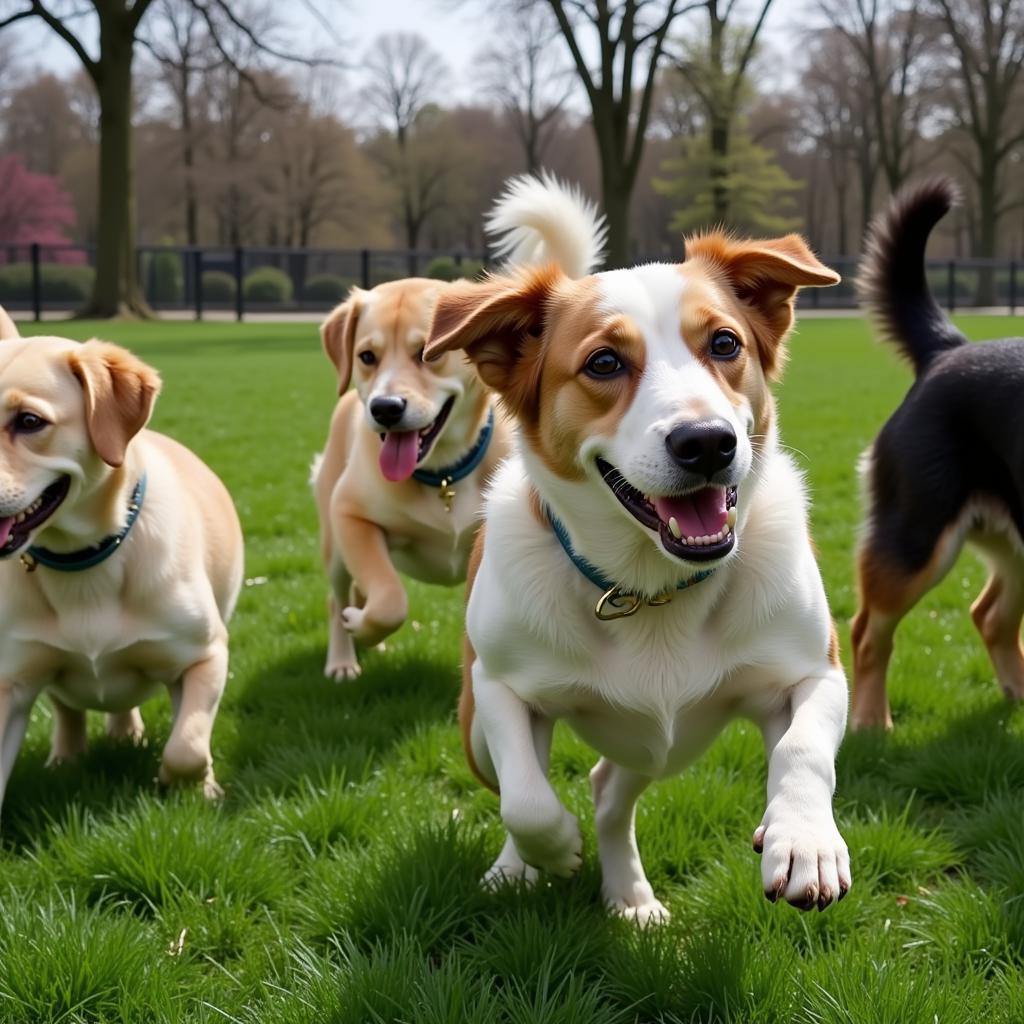 Group of Dogs Playing in Outdoor Enclosure