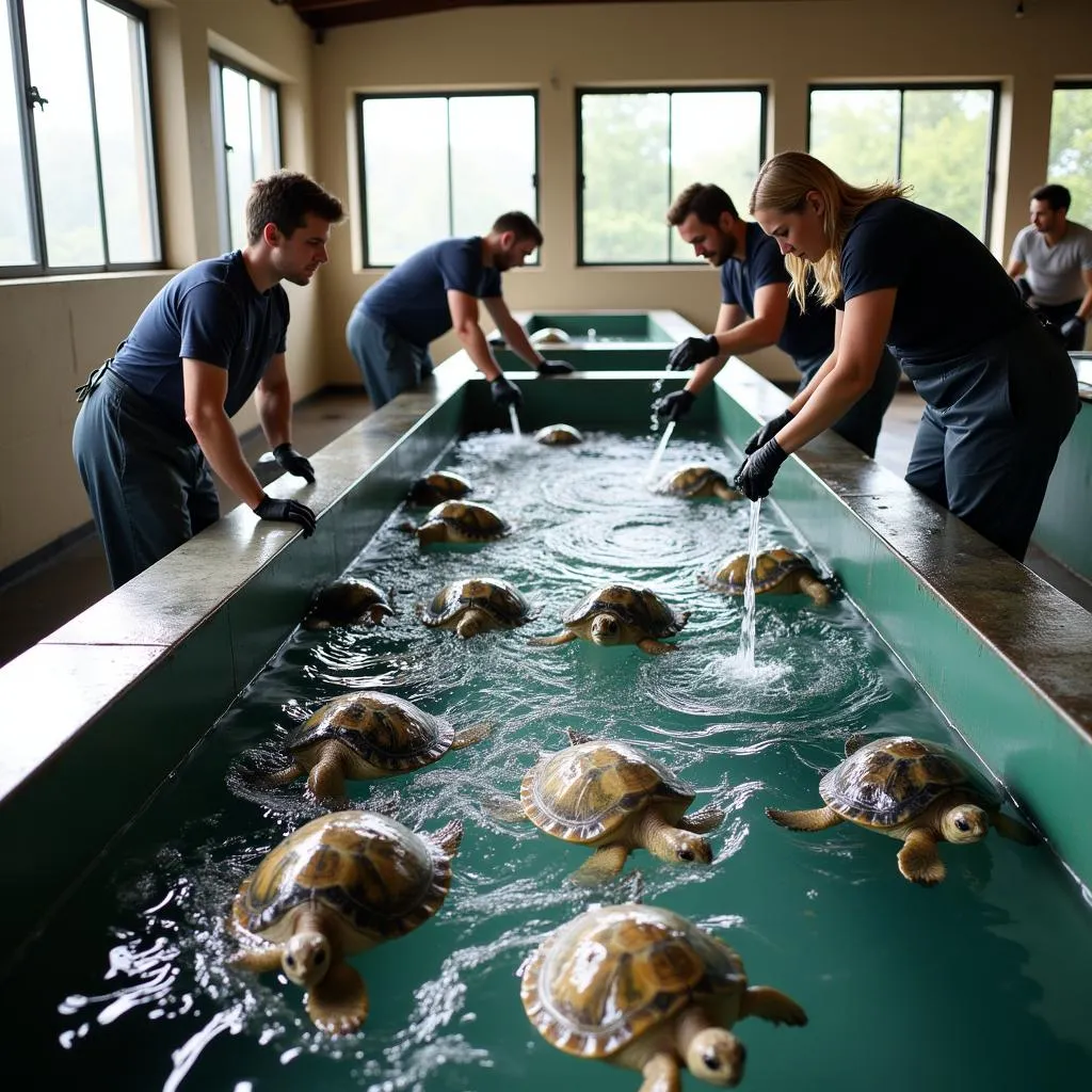 Volunteers and staff working together to clean sea turtle tanks at a rehabilitation center