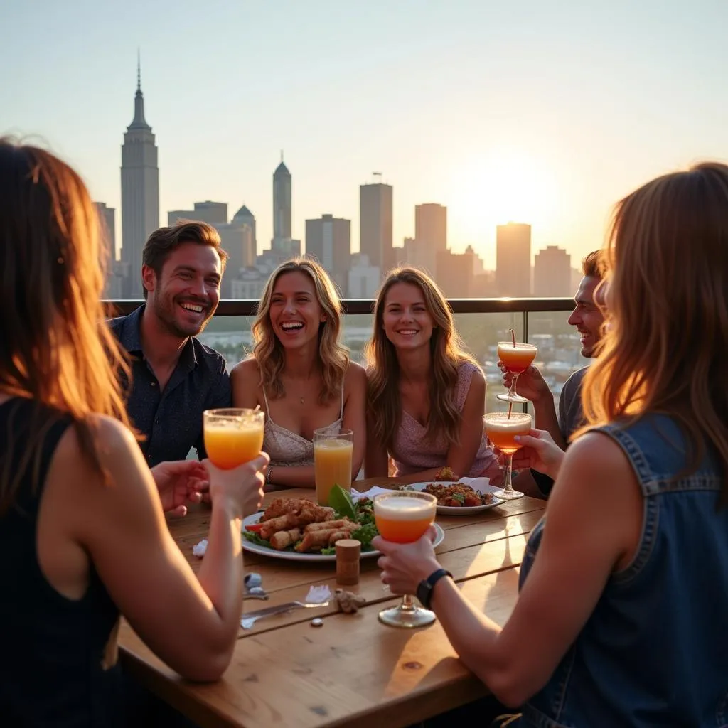 Guests socializing and enjoying drinks at a vibrant hotel rooftop bar