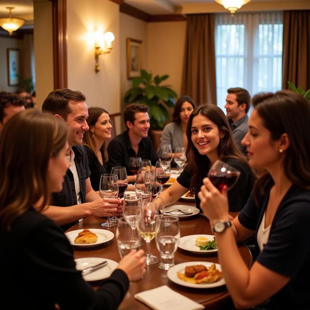 Guests socializing and enjoying a wine tasting experience at the hotel