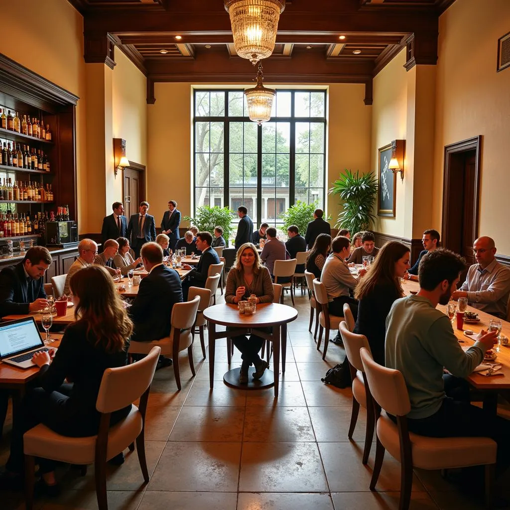 Guests socializing in a hotel's hospitality court