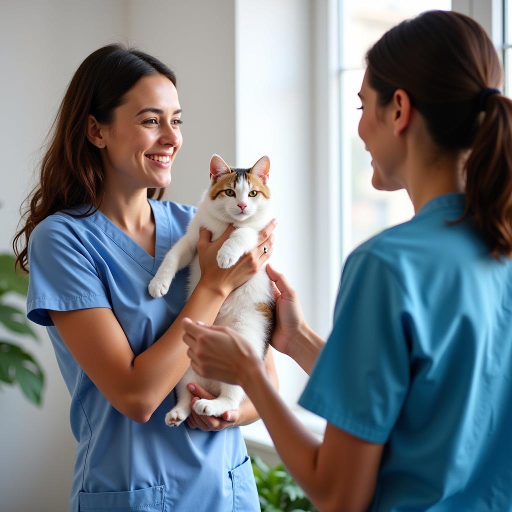 Happy Cat Owner Consulting with Veterinarian