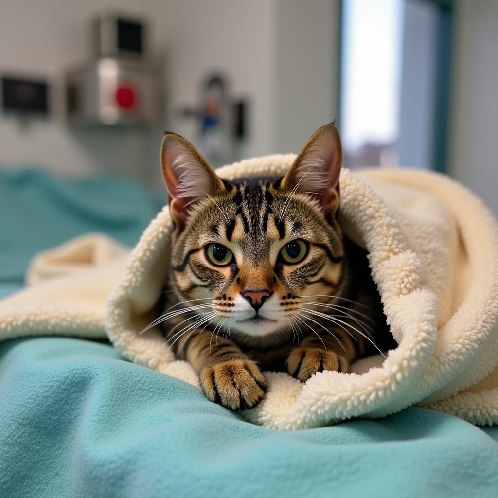 Content cat recovering comfortably after a procedure