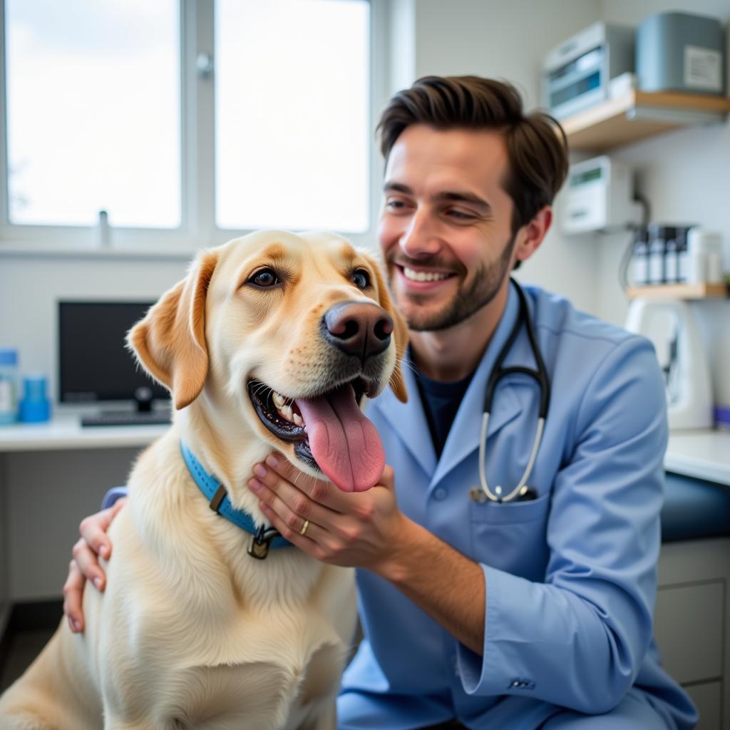 Smiling Dog and Owner at a Bright Veterinary Clinic