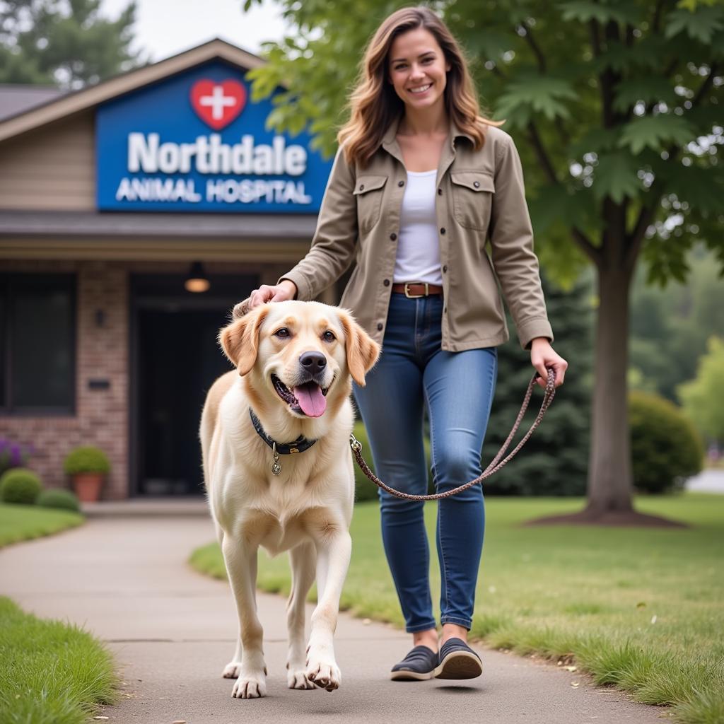 A Golden Retriever and their owner leaving Northdale Animal Hospital