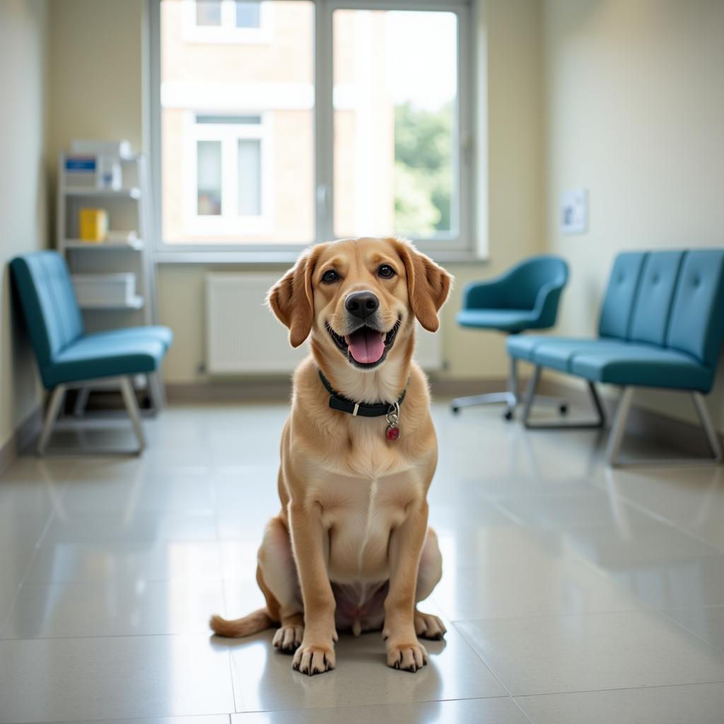 Happy dog at the vet clinic