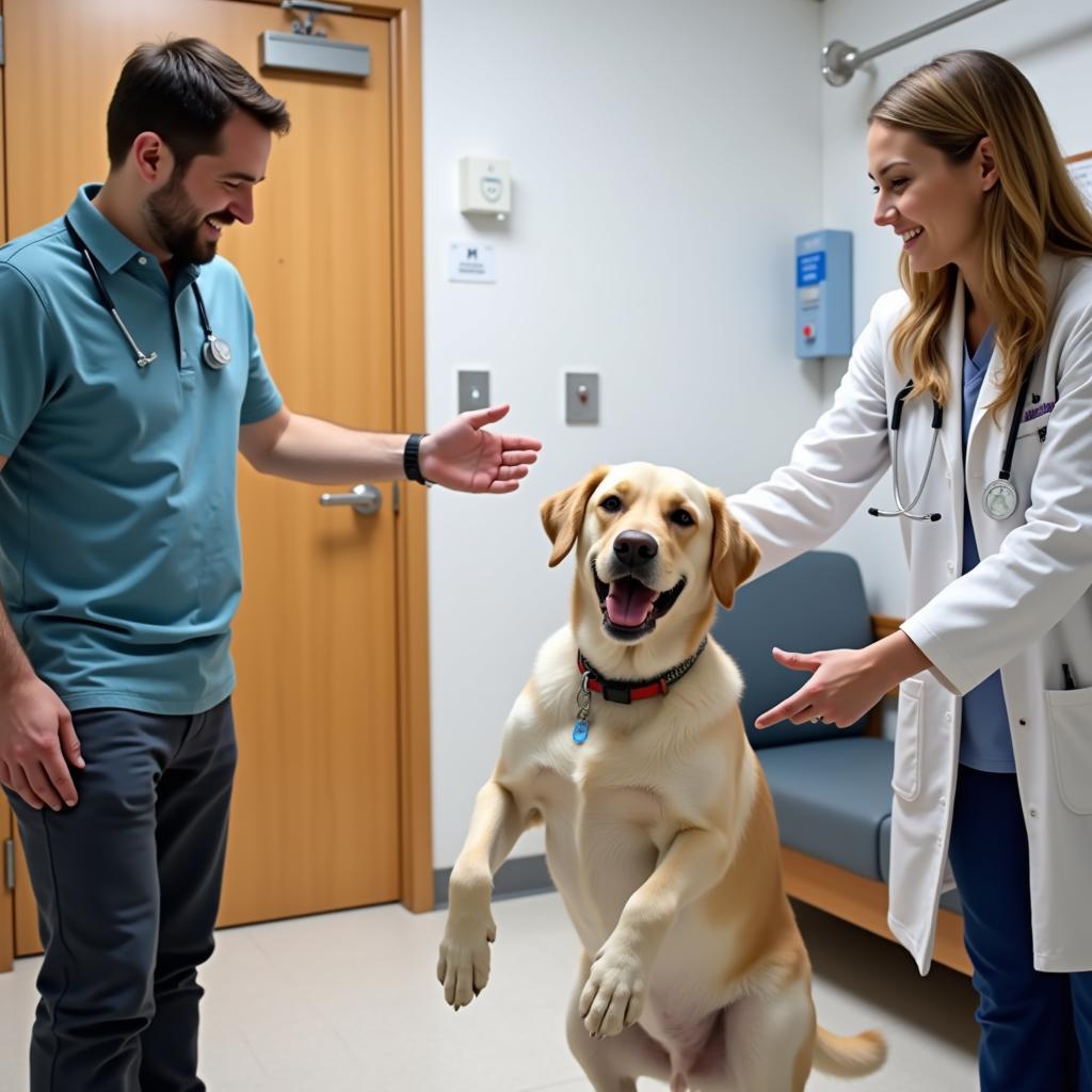 Happy dog greeting the veterinarian in the exam room