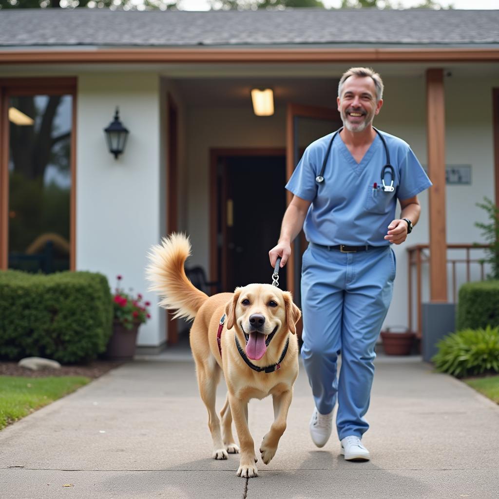 Dog happily leaving the animal hospital