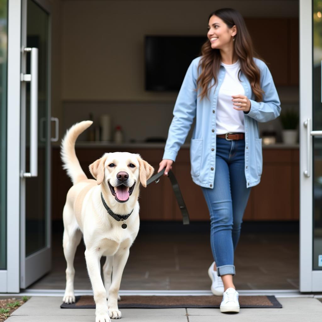 Happy dog leaving Cabarrus Animal Hospital with owner.