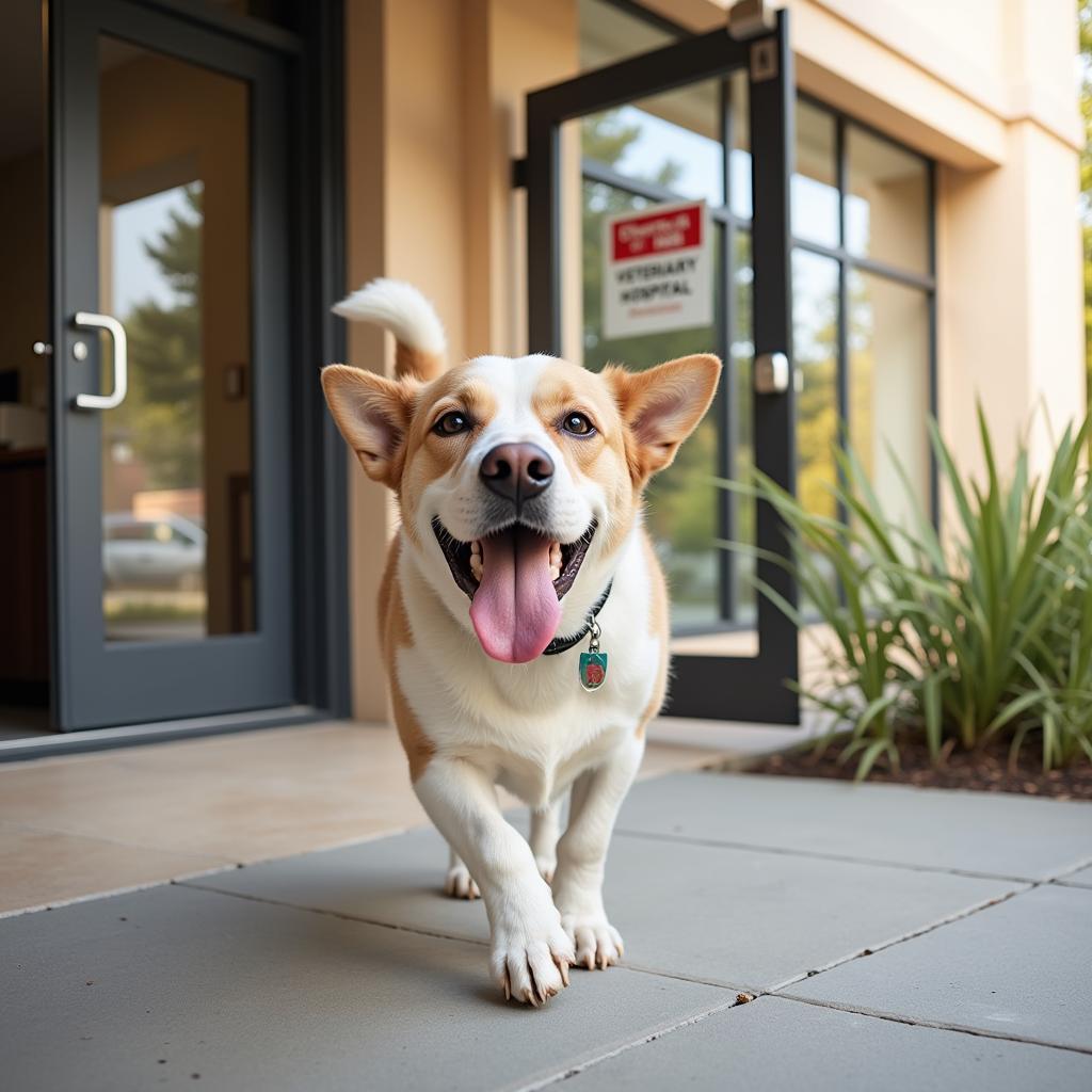 A happy dog leaving Church Hill Veterinary Hospital after a visit