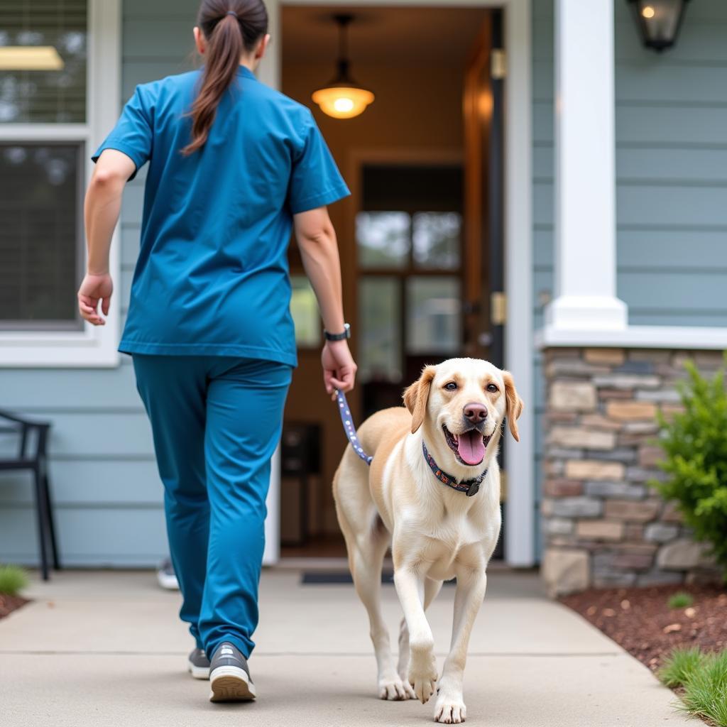 A happy dog leaving the veterinary clinic with its owner